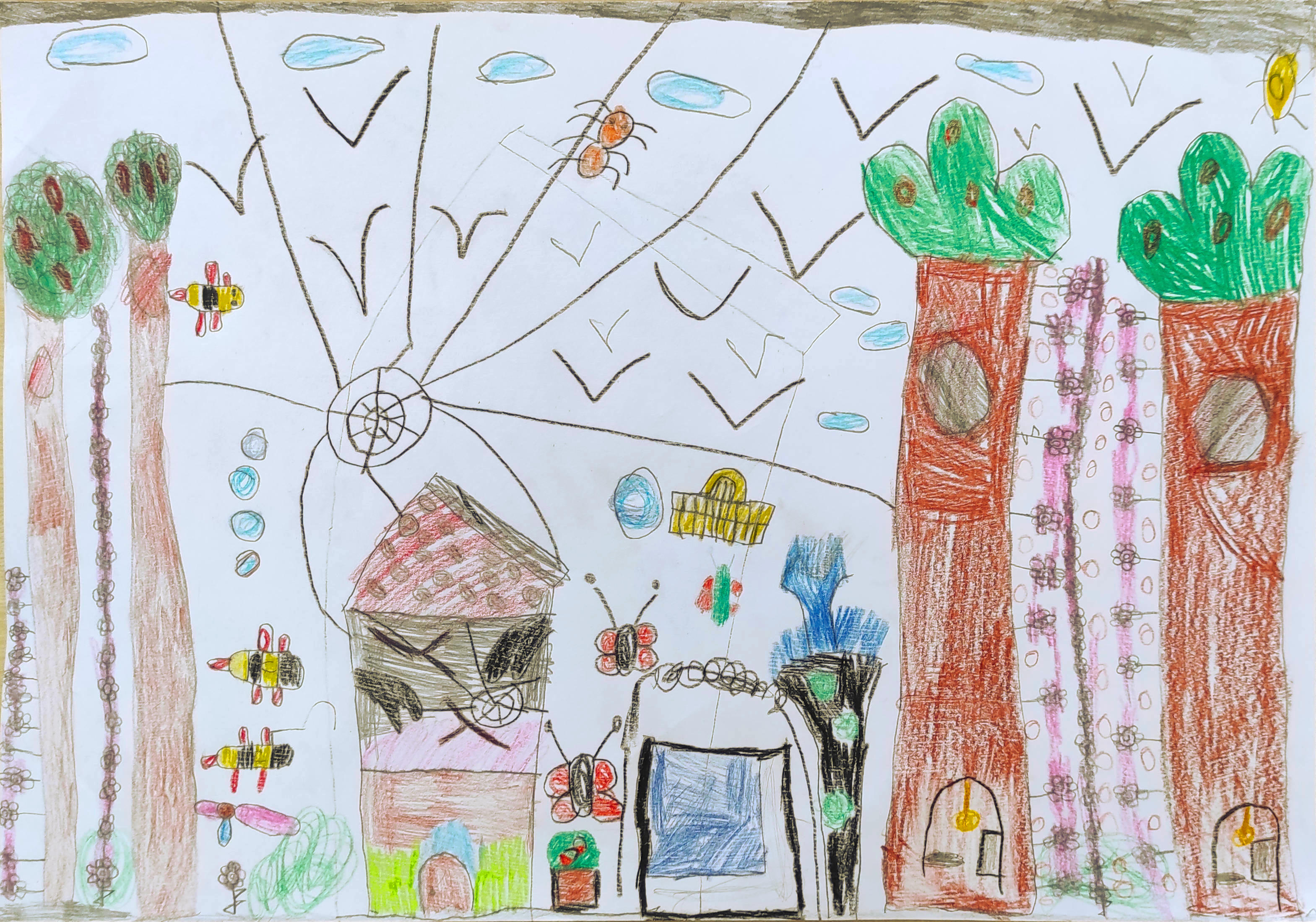 Child's drawing of a garden with giant cobweb, birds aplenty, towering trees, and structures for everyone