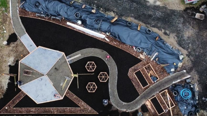 Drone photo of crisp newly landscaped garden