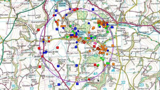 Screenshot of species distribution map around Cilgerran