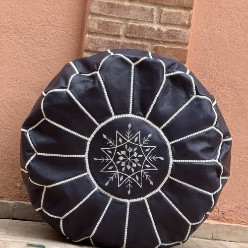  Pouf leather and Sabra silk Black, White Morocco