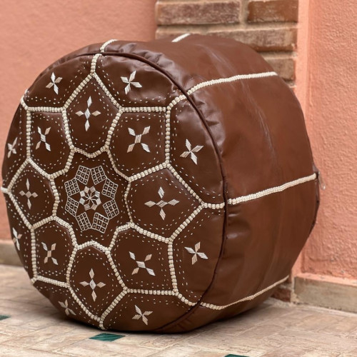  Pouf leather and Sabra silk Brown, White Morocco