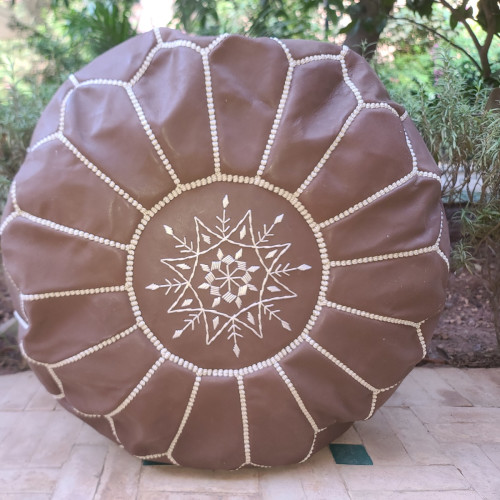 Pouf leather and Sabra silk Brown, White Morocco