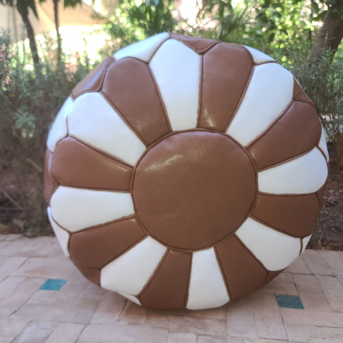  Pouf leather and Sabra silk Brown, White Morocco