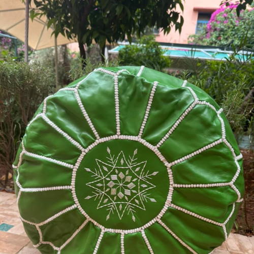  Pouf leather and Sabra silk Green, White Morocco