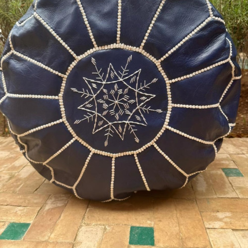  Pouf leather and Sabra silk Blue, White Morocco