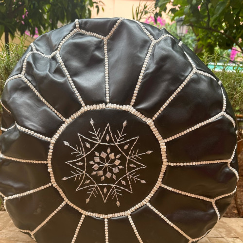 Pouf leather and Sabra silk Black, White Morocco