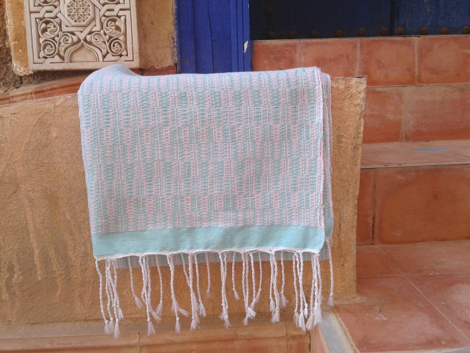  Shawl Cotton Thread Light Blue, White Morocco