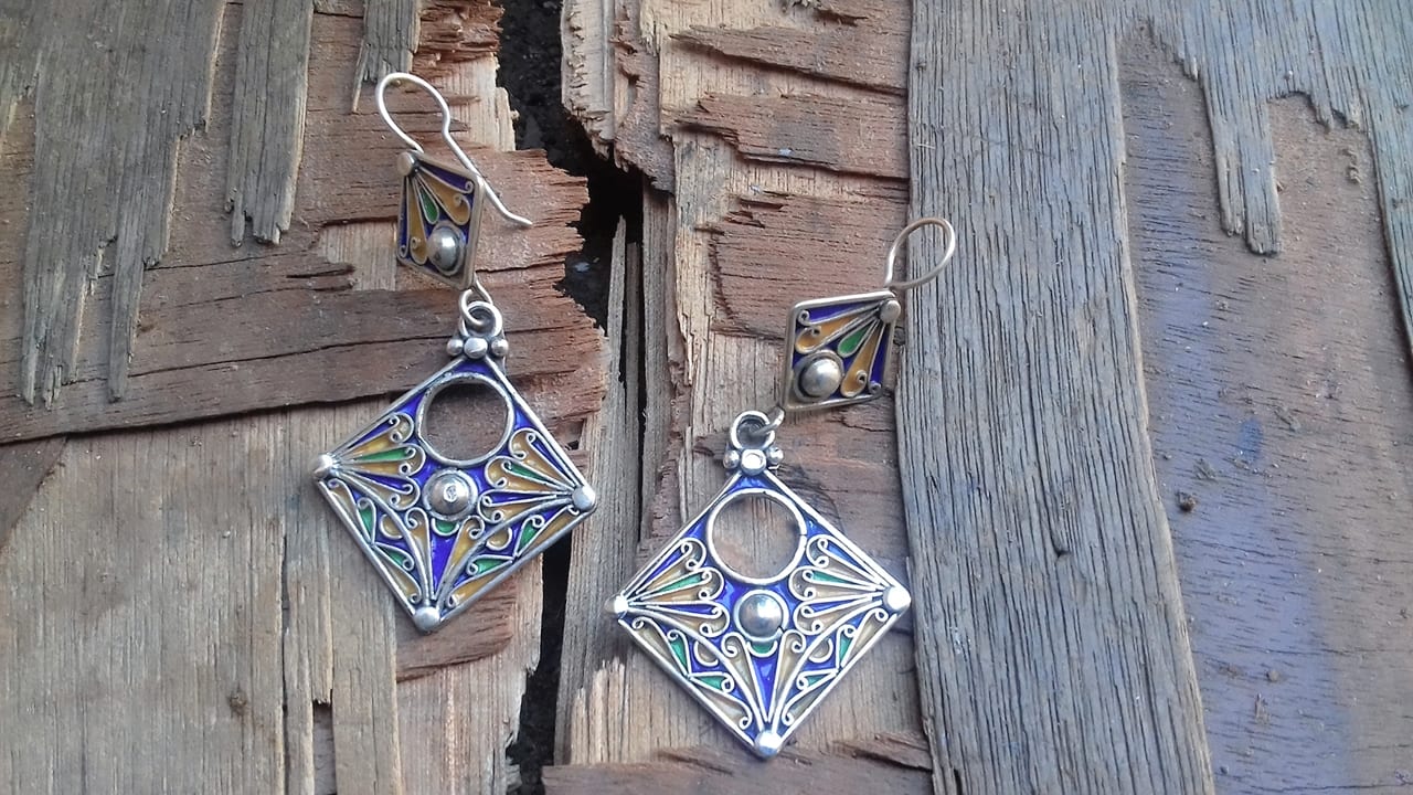  Earrings 800 Tiznit Silver Blue, Yellow Morocco