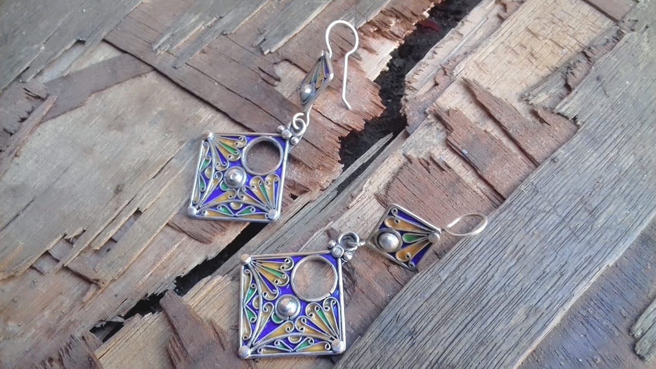  Earrings 800 Tiznit Silver Blue, Yellow Morocco