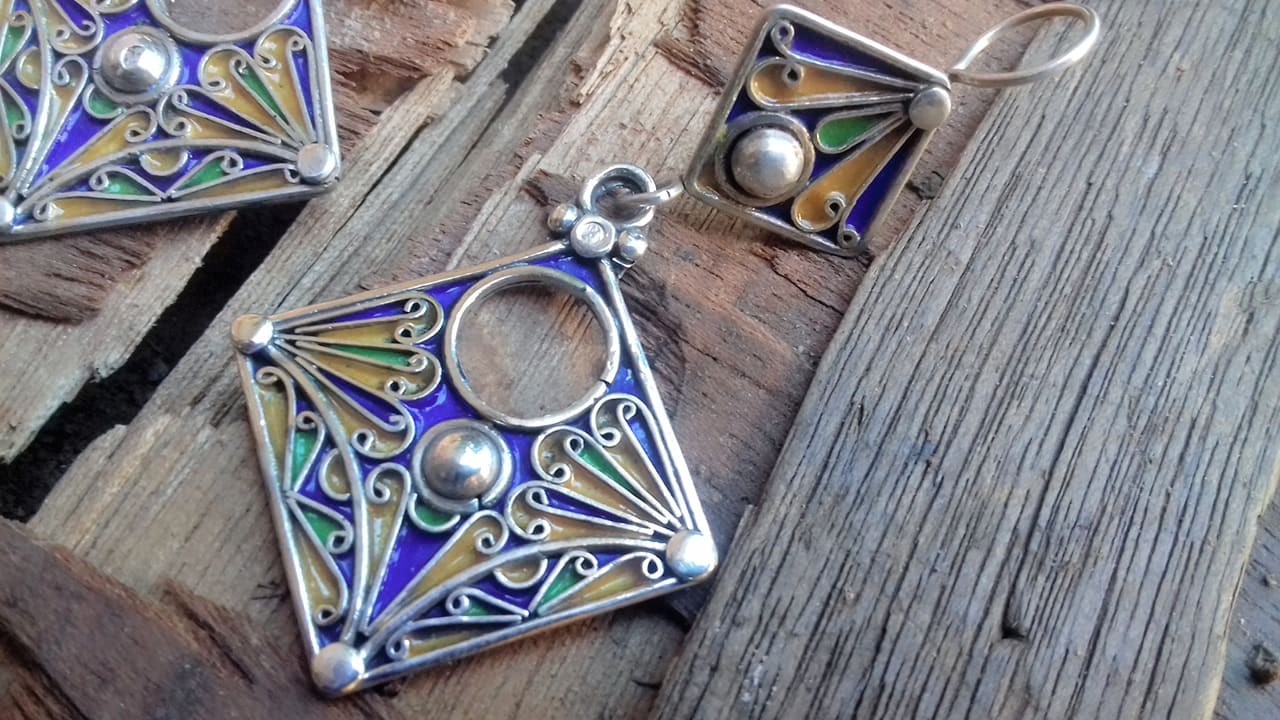  Earrings 800 Tiznit Silver Blue, Yellow Morocco