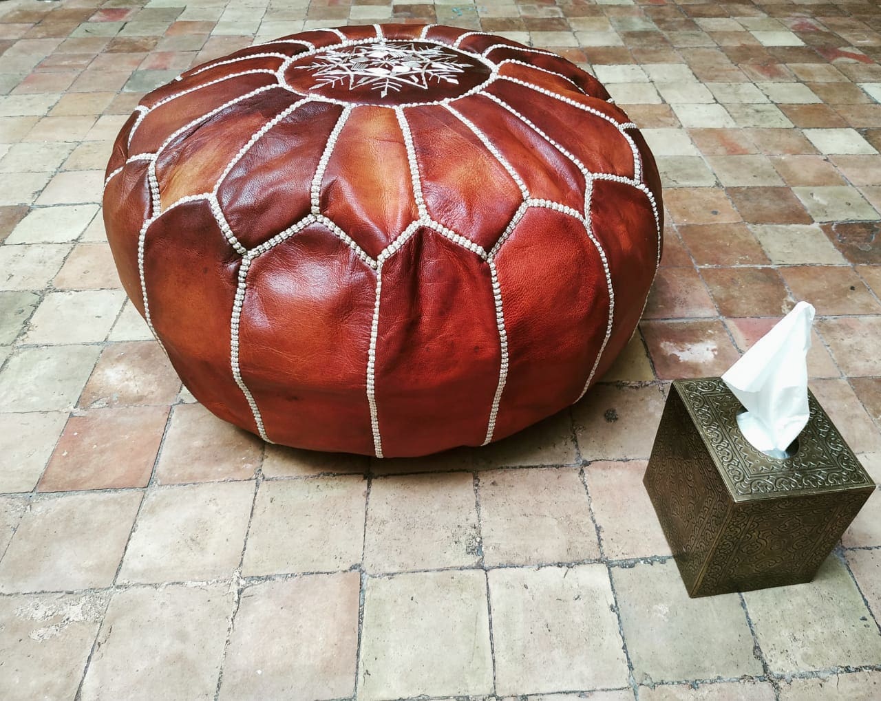  Pouf leather and Sabra silk White Morocco