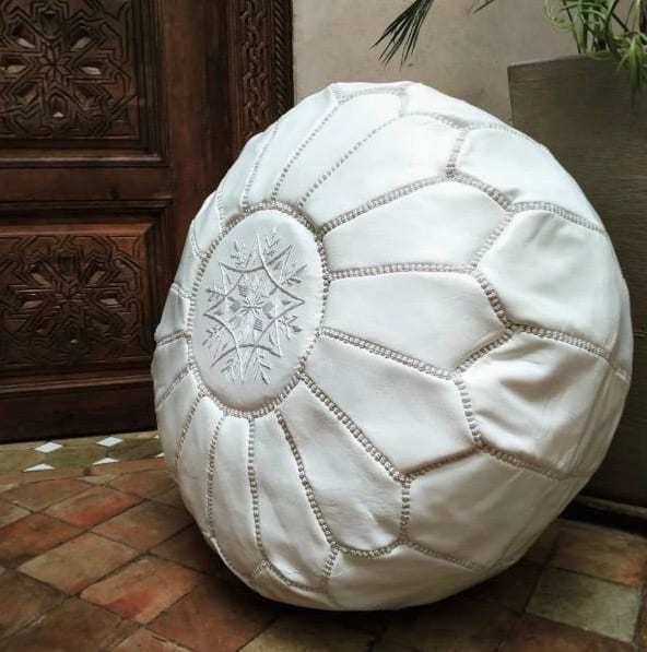  Pouf leather and Sabra silk White Morocco