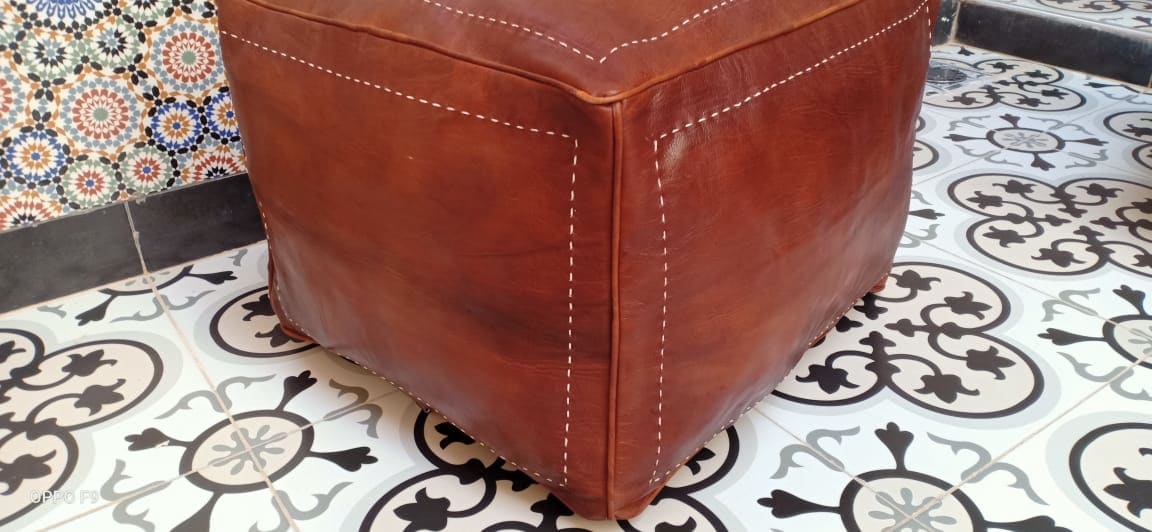  Pouf leather and Sabra silk Brown, White Morocco