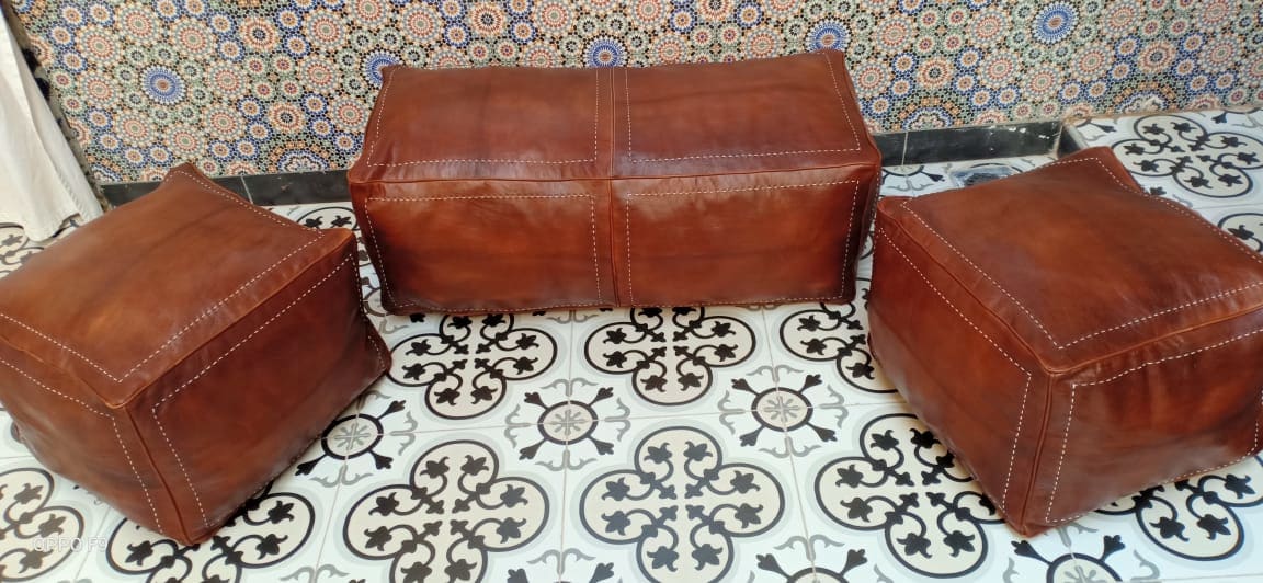  Pouf leather and Sabra silk Brown, White Morocco