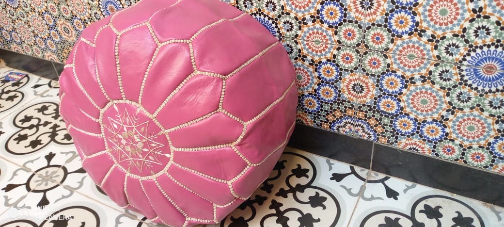  Pouf leather and Sabra silk Pink, White Morocco