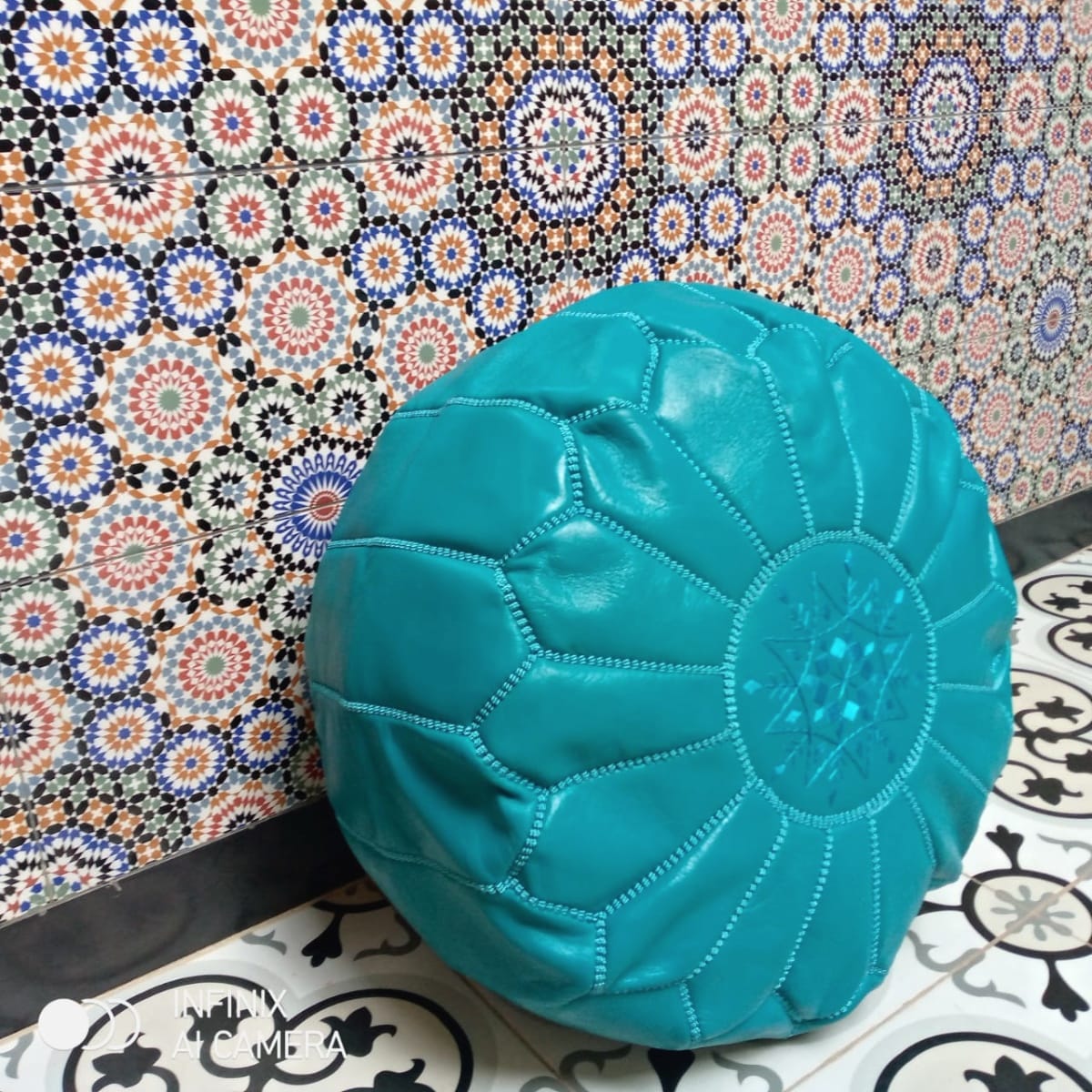  Pouf leather and Sabra silk Blue Morocco