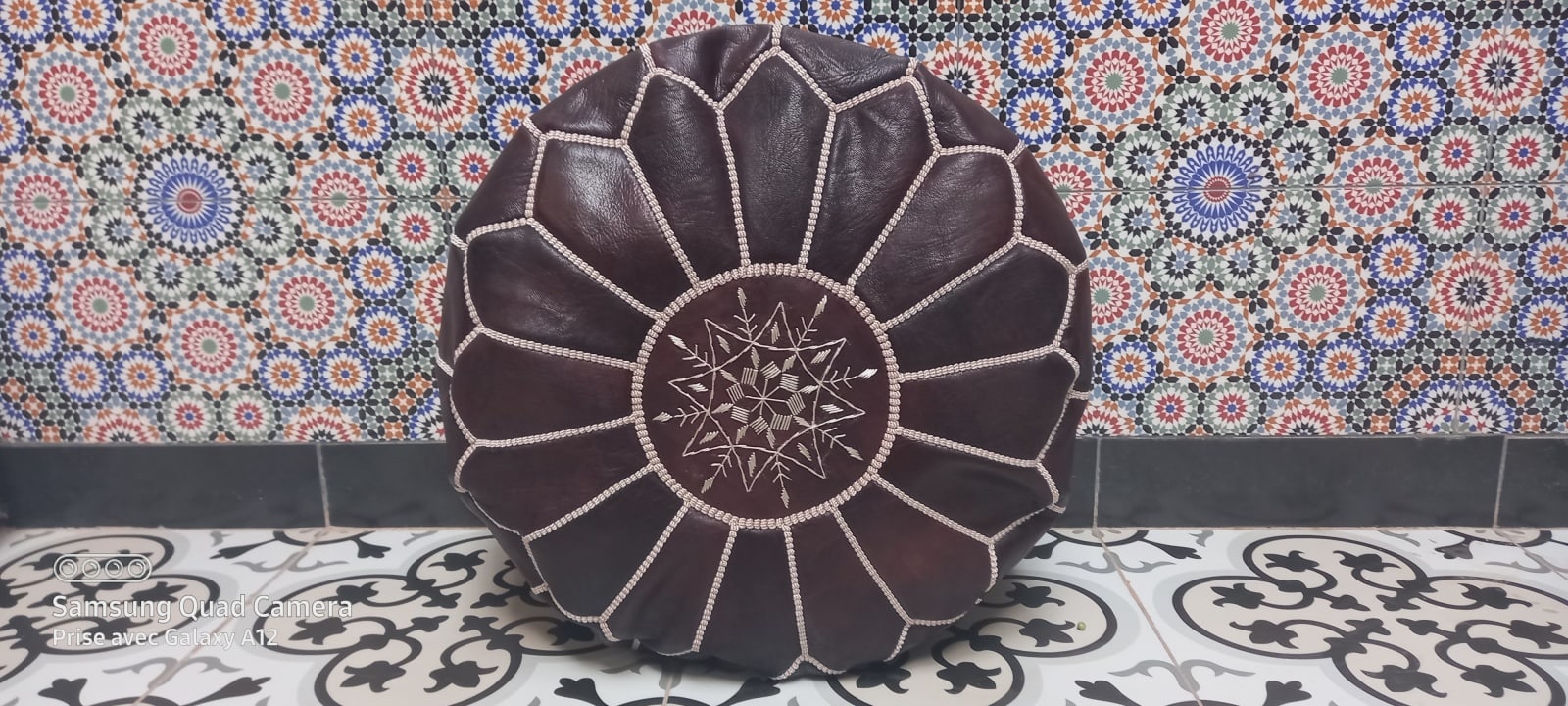  Pouf leather and Sabra silk Brown, White Morocco