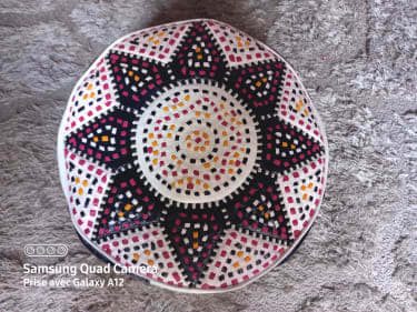  Pouf leather and Sabra silk Blue, White Morocco