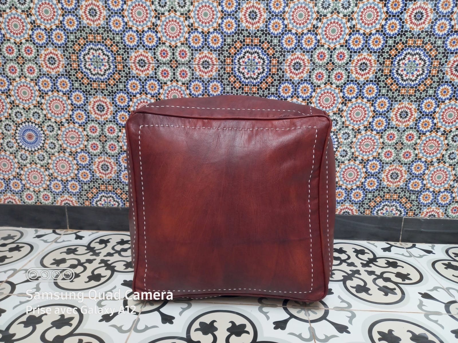  Pouf leather and Sabra silk Brown, White Morocco
