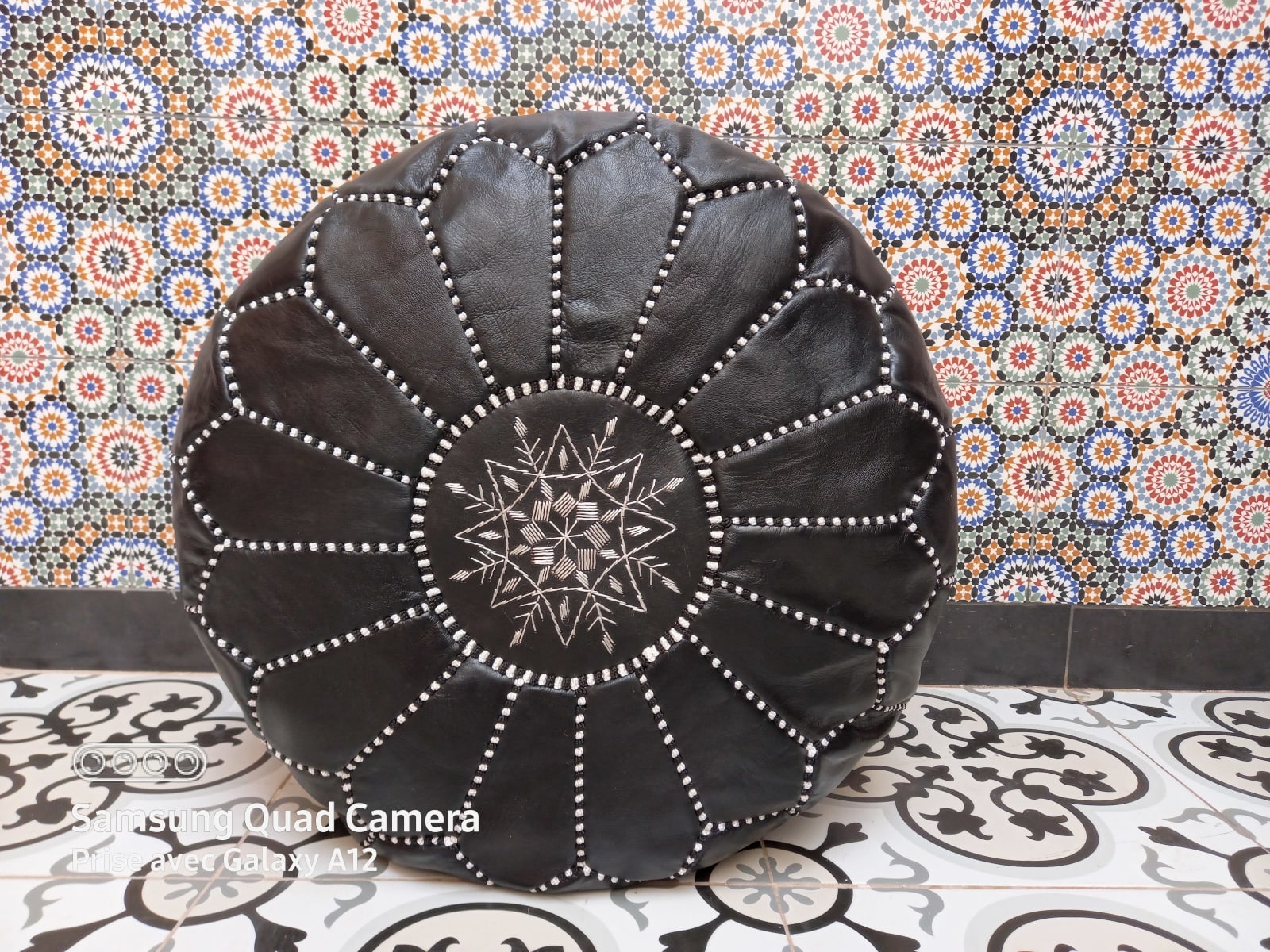  Pouf leather and Sabra silk Black, White Morocco