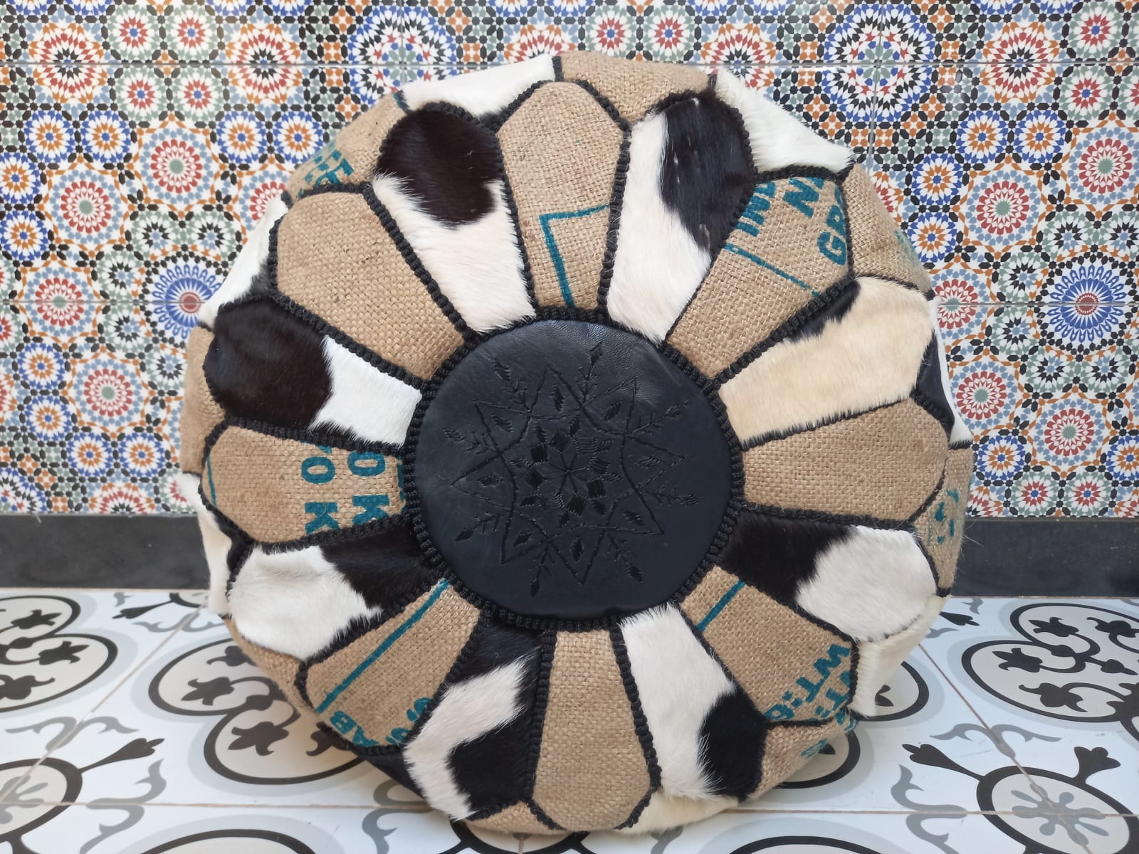  Pouf leather and Sabra silk Brown, Black Morocco