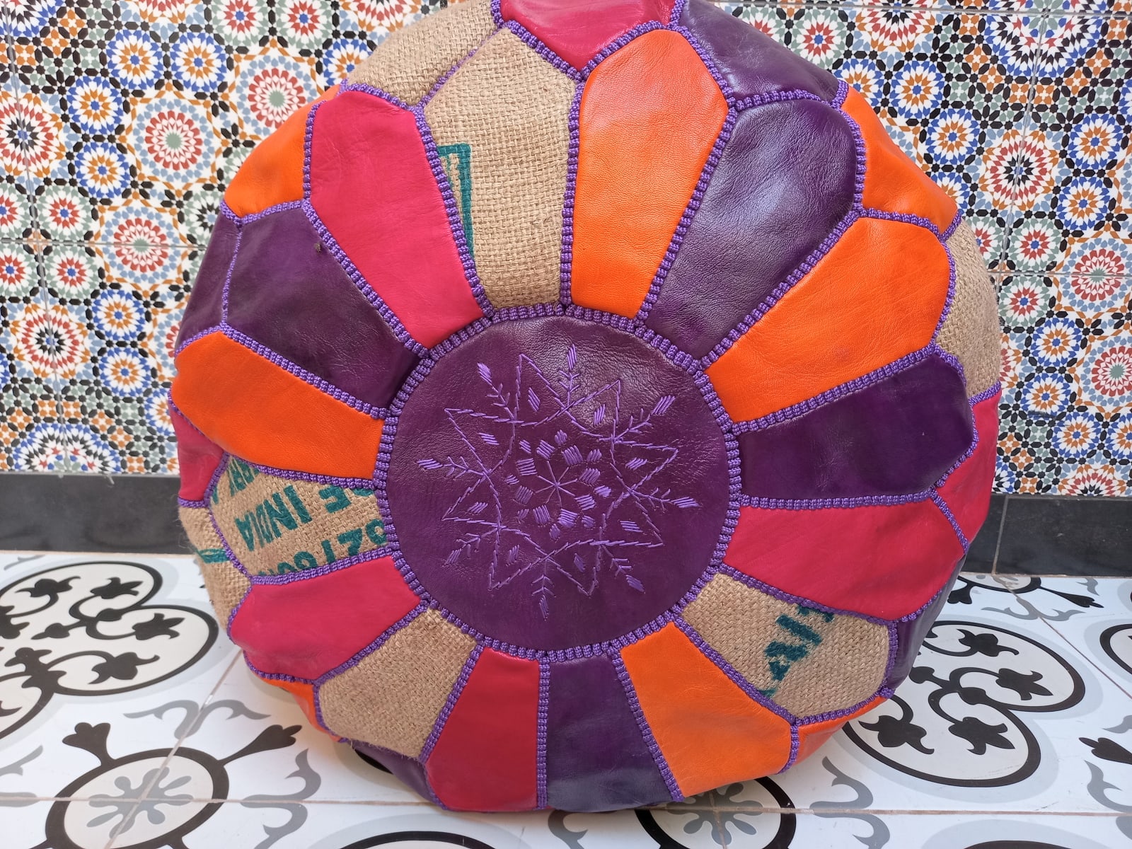  Pouf leather and Sabra silk Red, Purple Morocco