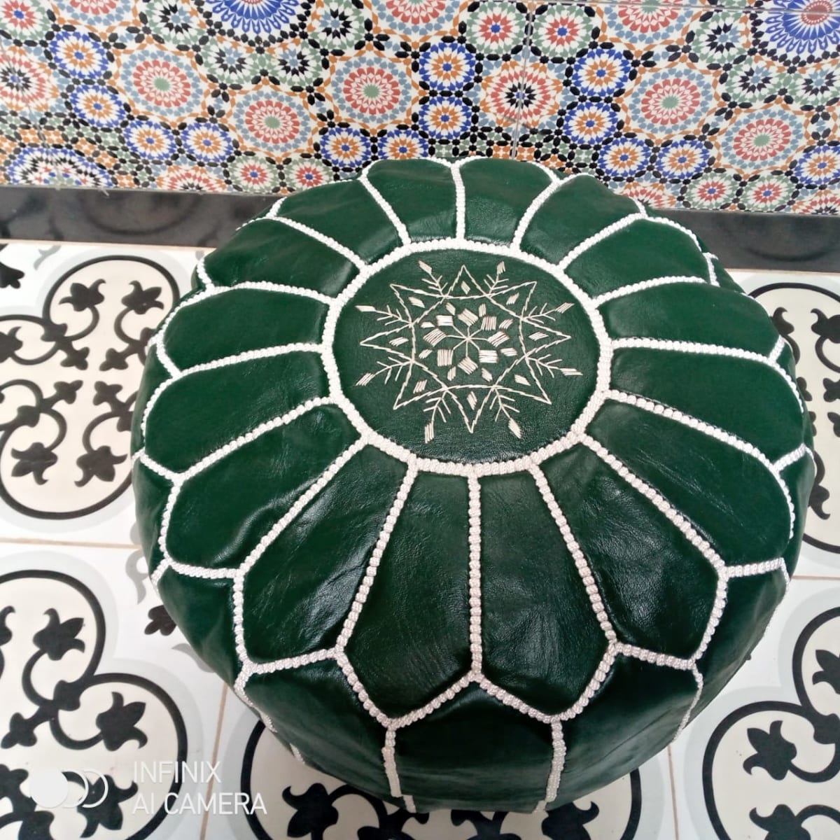  Pouf leather and Sabra silk Green, White Morocco