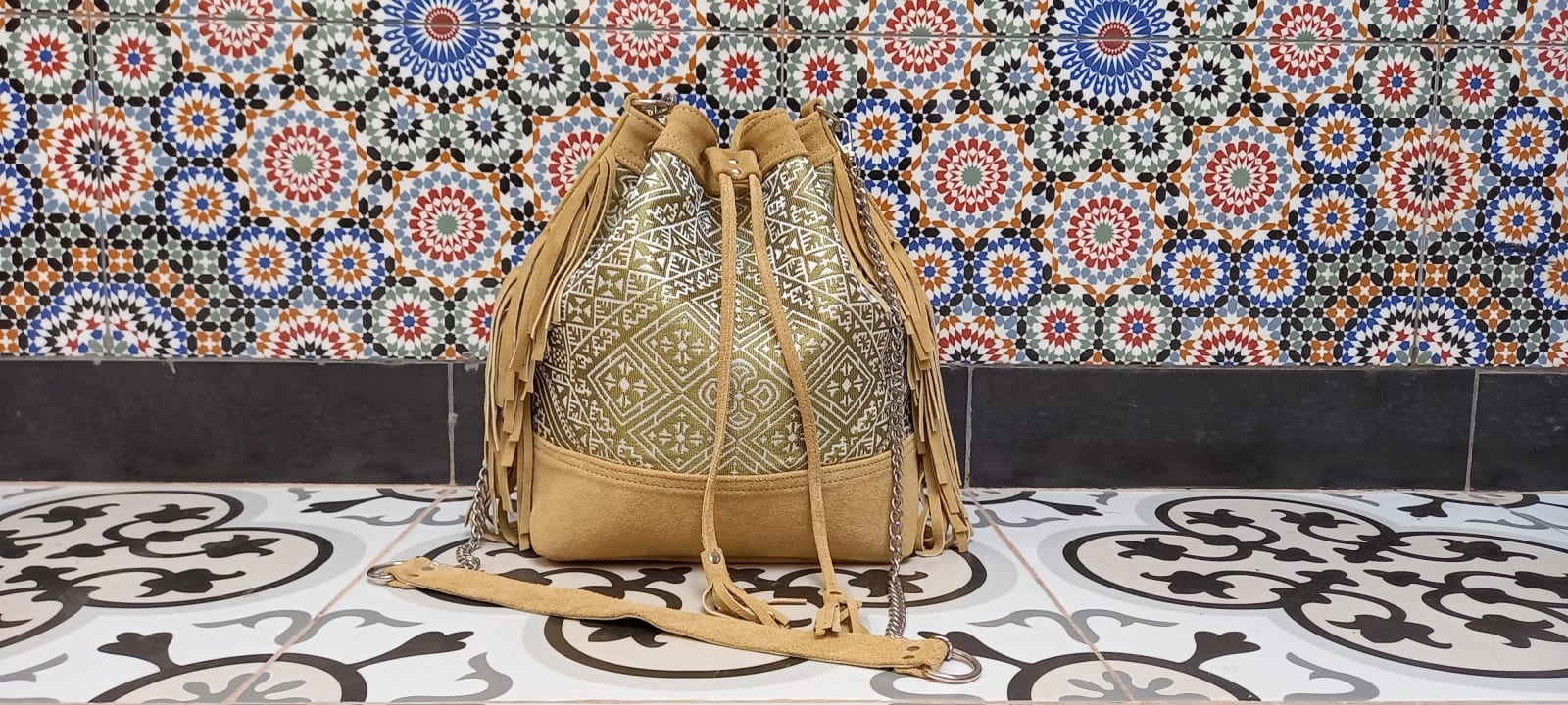  bag leather and Sabra silk Green, White Morocco