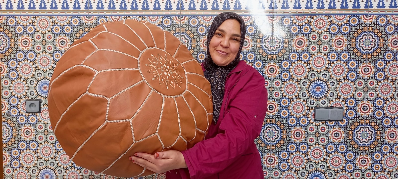  Pouf leather Orange, White Morocco