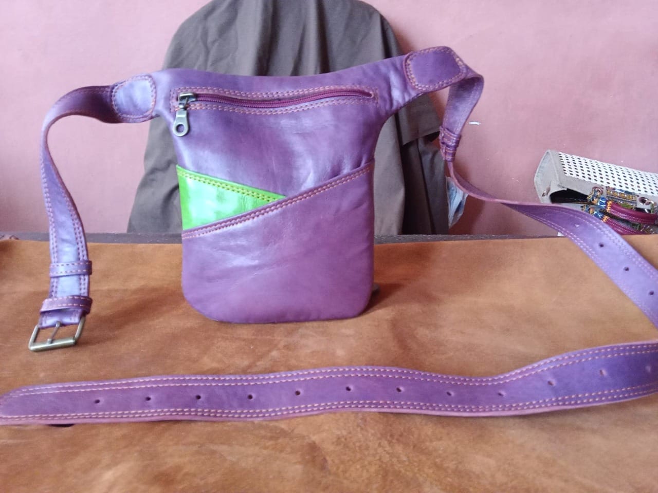  bag leather Purple, Green Morocco