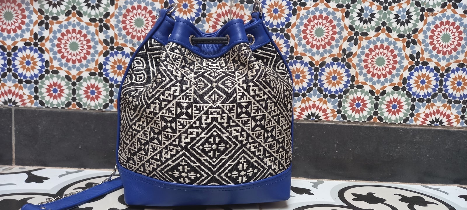  bag leather and Sabra silk Blue, Black Morocco