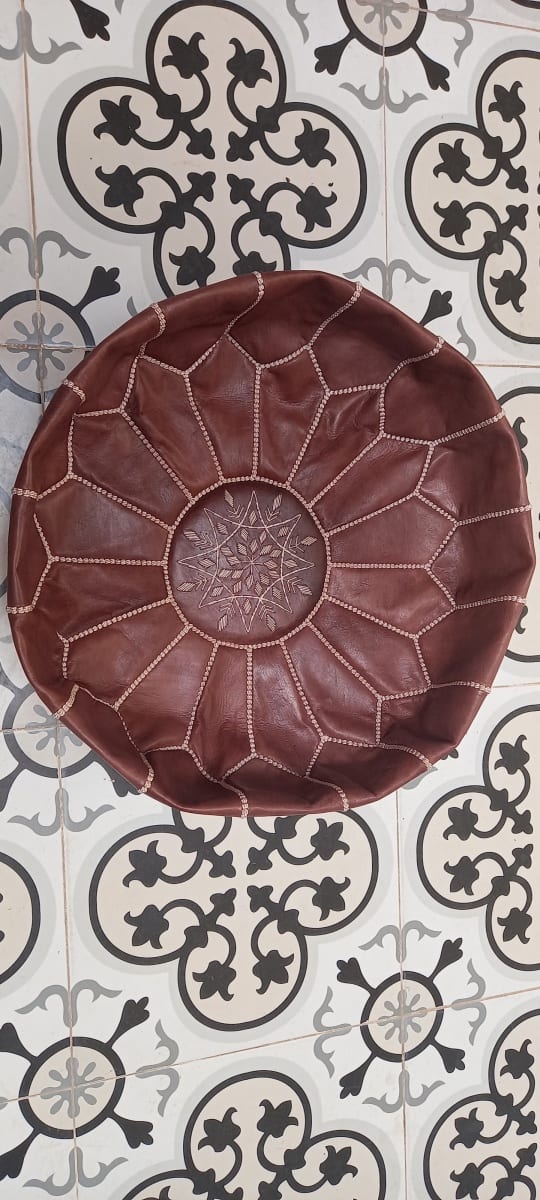  Pouf leather and Sabra silk Brown, White Morocco