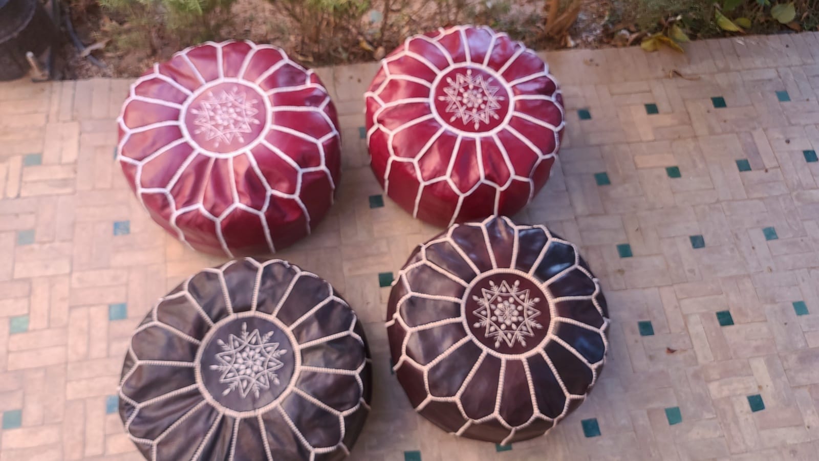  Pouf leather and Sabra silk Red, Brown Morocco