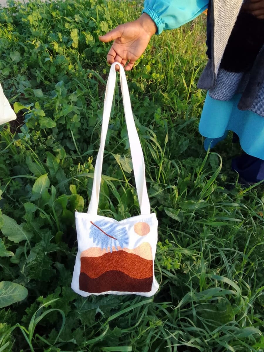  Embroidered Tote Bag  Brown, White Morocco