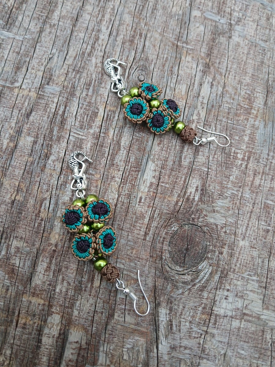  Button Dangle Earrings  Green, Brown Morocco