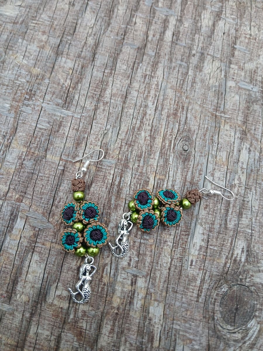  Button Dangle Earrings  Green, Brown Morocco