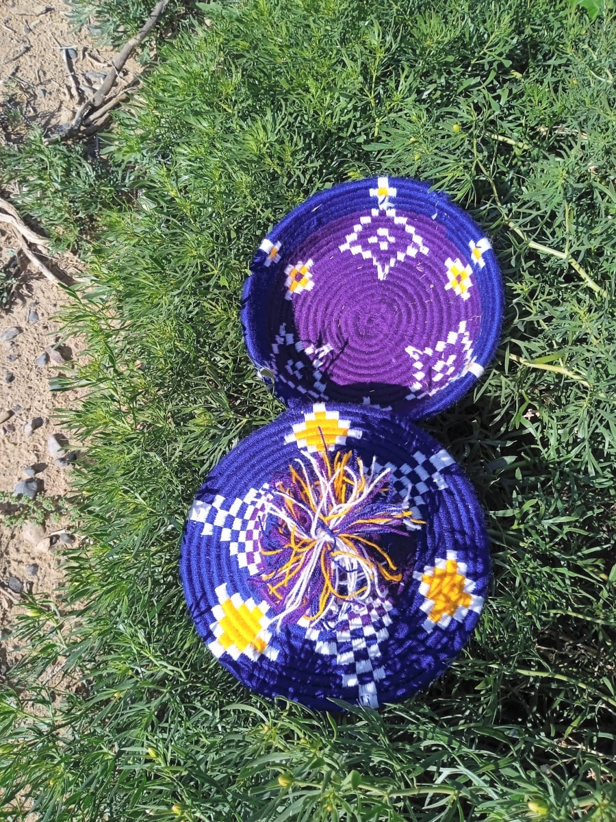  Basket Dyed Wool and Reed Blue, Yellow Morocco