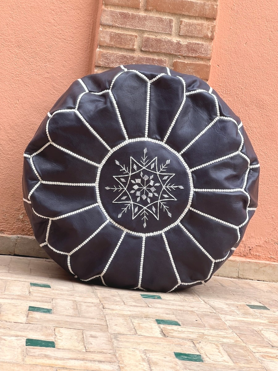  Pouf leather and Sabra silk Black, White Morocco