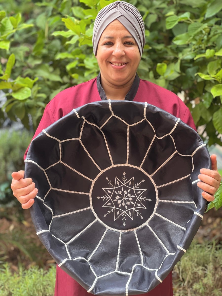  Pouf leather and Sabra silk Black, White Morocco