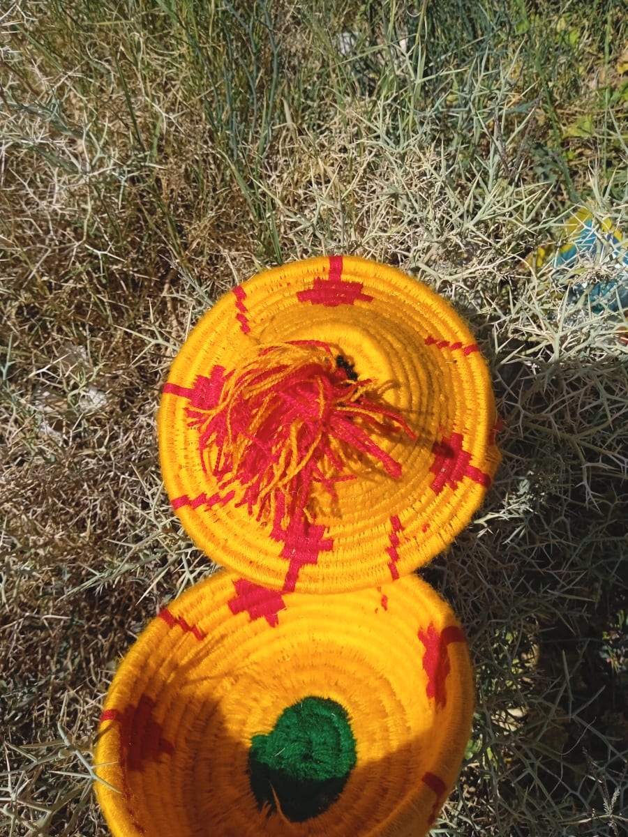  Basket Dyed Wool and Reed Red, Yellow Morocco