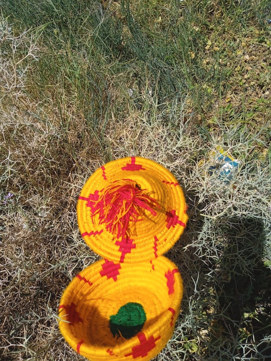  Basket Dyed Wool and Reed Red, Yellow Morocco