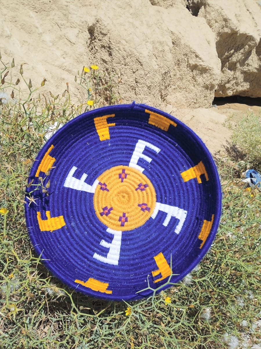  Basket Dyed Wool and Reed Blue, Yellow Morocco