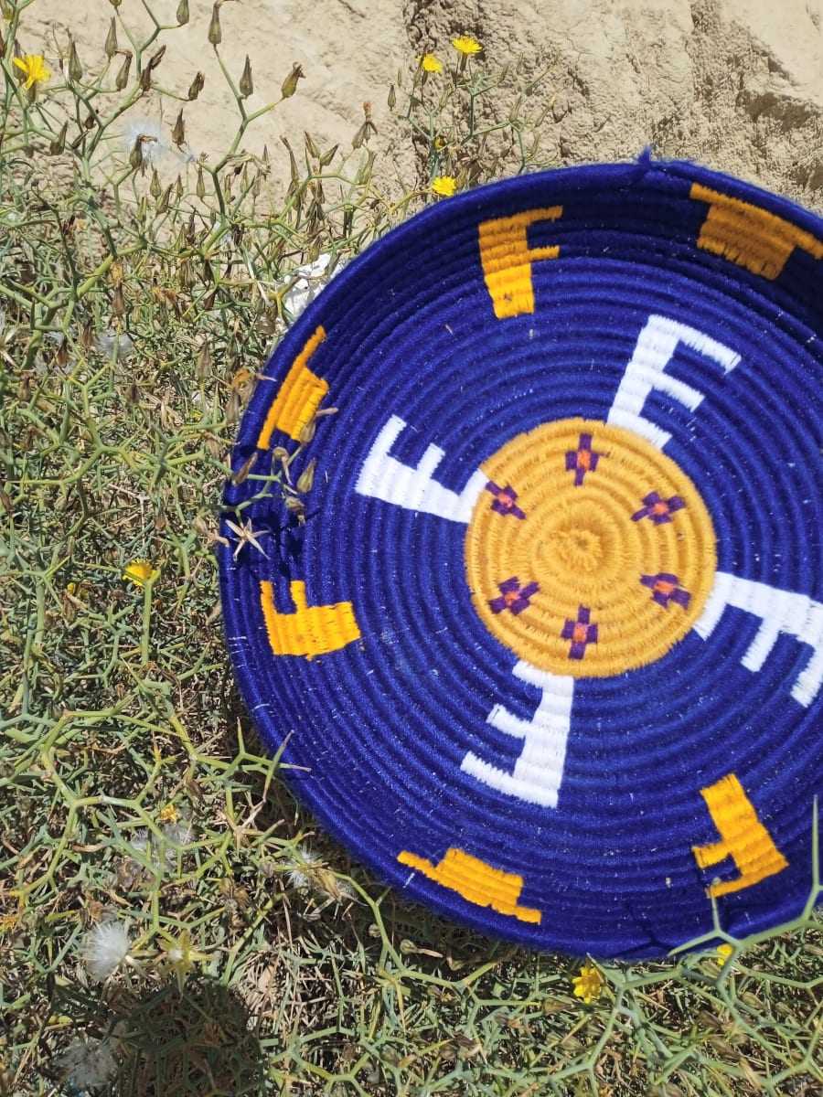  Basket Dyed Wool and Reed Blue, Yellow Morocco