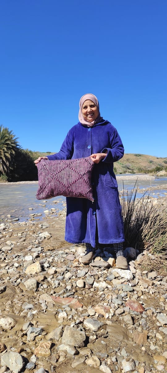  Pillow  Dyed Wool and Cotton Pink, Black Morocco