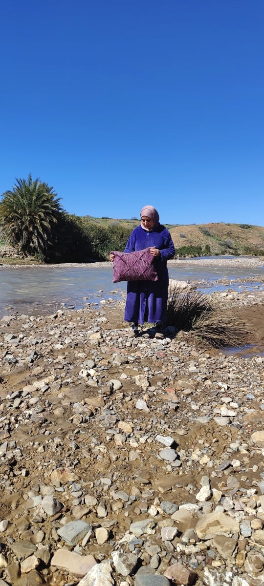  Pillow  Dyed Wool and Cotton Pink, Black Morocco