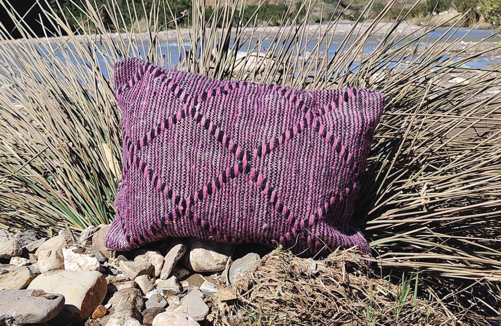  Pillow  Dyed Wool and Cotton Pink, Black Morocco