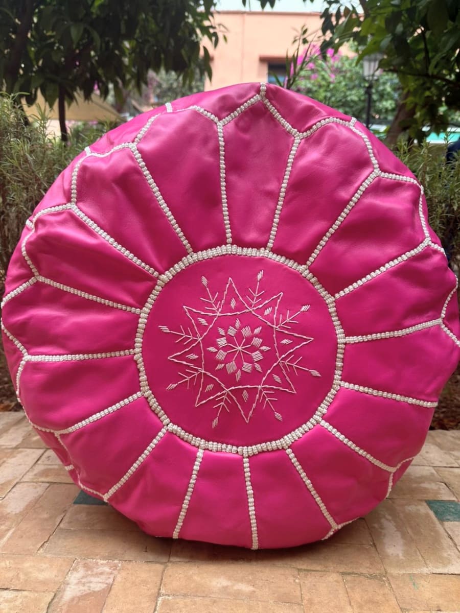  Pouf leather and Sabra silk Pink, White Morocco