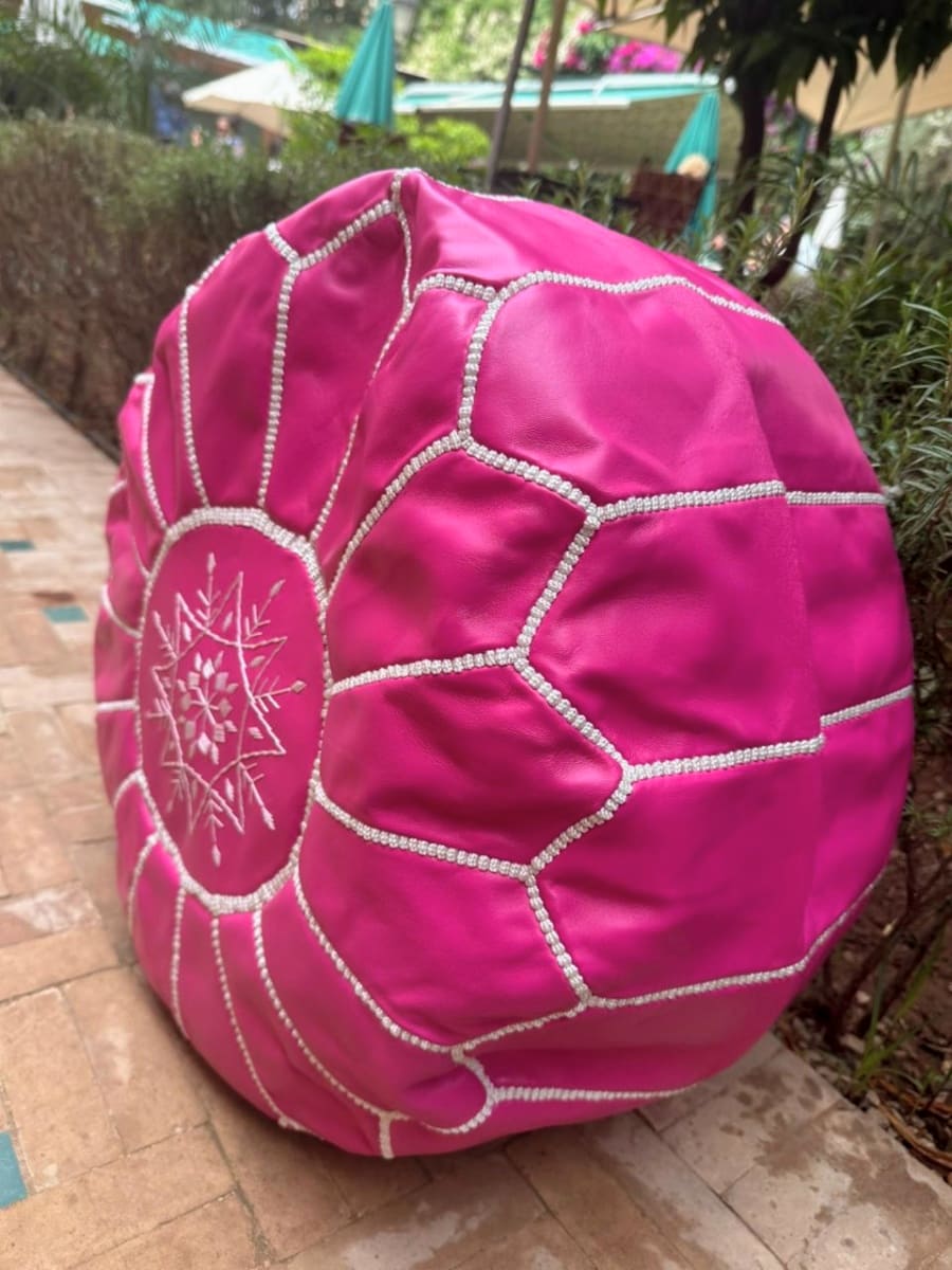  Pouf leather and Sabra silk Pink, White Morocco