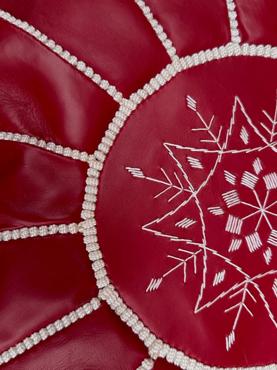  Pouf leather and Sabra silk Red, White Morocco