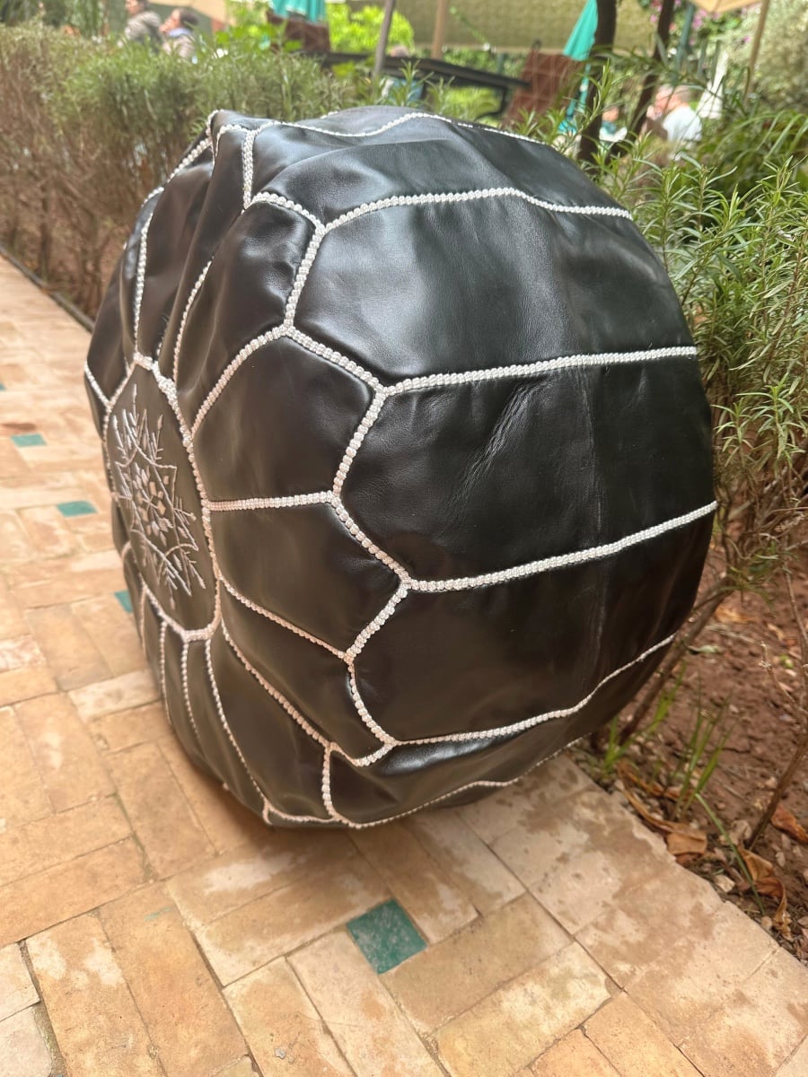  Pouf leather and Sabra silk Black, White Morocco